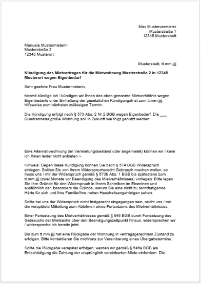 Kündigung Eigenbedarf seite 1 Kündigung Eigenbedarf seite 1