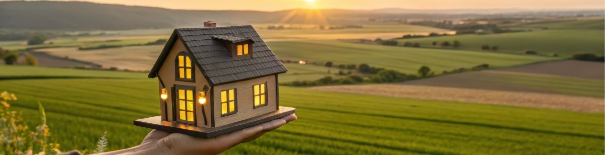Miniature House held in a hand, symbolizing dreams of homeownership against a picturesque sunset landscape