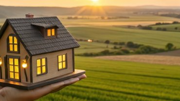 Miniature House held in a hand, symbolizing dreams of homeownership against a picturesque sunset landscape
